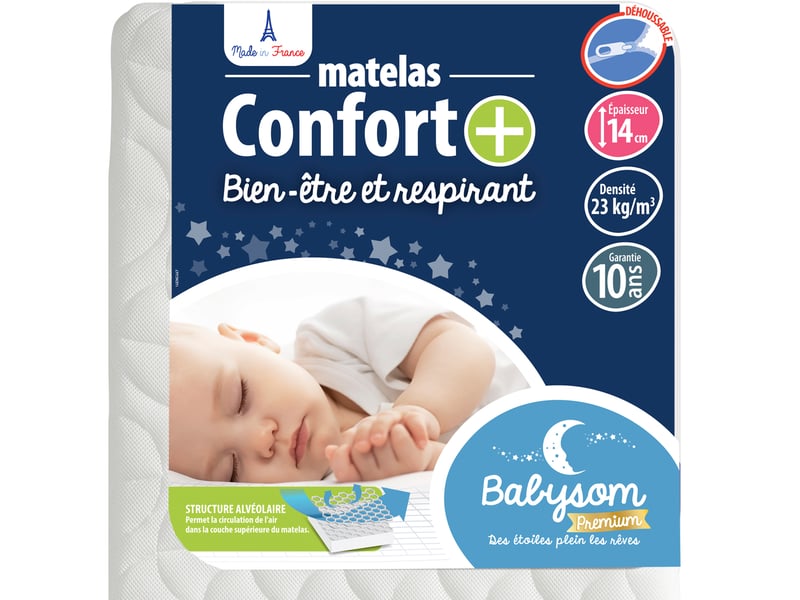 Babysom - matelas bébé confort+ - 70 x 140cm - ultra ventilé - déhoussable - epaisseur 14cm - garantie 10ans - 2