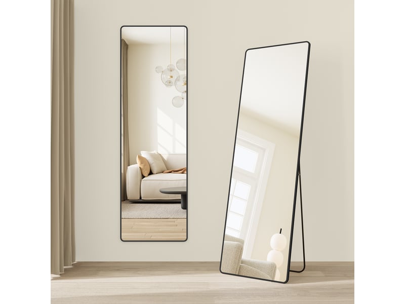 Miroir intégral, 165 x 50 cm, miroir rectangulaire sur pied, grand miroir à poser au sol, cadre en alliage d’aluminium, verre trempé, noir d’encre - 1