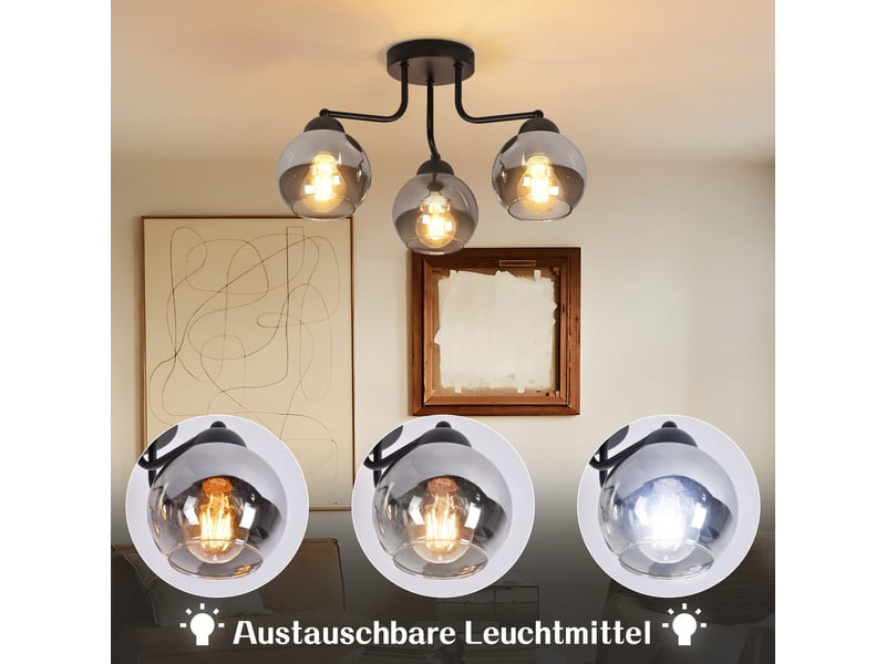 Plafonnier nettlife en verre noir : lampe de cuisine vintage, lampe de couloir industrielle à 3 lampes e27 - 1