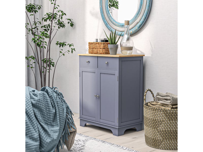 Buffet multi-rangement 2 portes avec étagère réglable 2 tiroirs coulissants bois d'hévéa mdf gris - 1