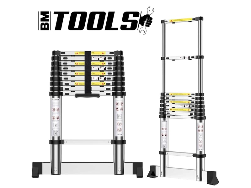 Échelle télescopique bm tools 2,6m en alu avec stabilisateur - charge 150kg pliable extensible unique droite multi-fonction - 1