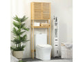 Étagère meuble salle de bain dessus toilette wc avec placard 2 portes et étagère ouverte bambou - 1
