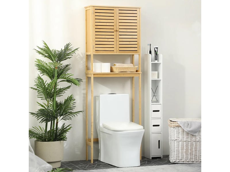 Étagère meuble salle de bain dessus toilette wc avec placard 2 portes et étagère ouverte bambou - 1