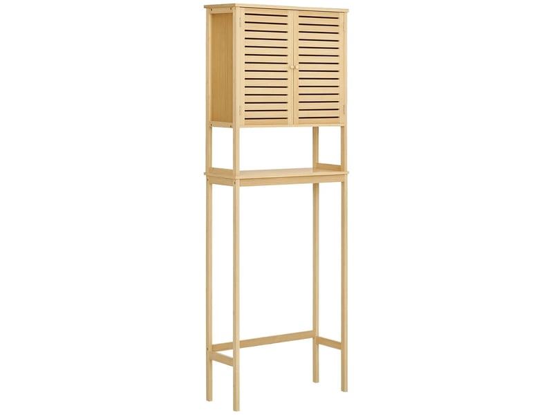Étagère meuble salle de bain dessus toilette wc avec placard 2 portes et étagère ouverte bambou - 2