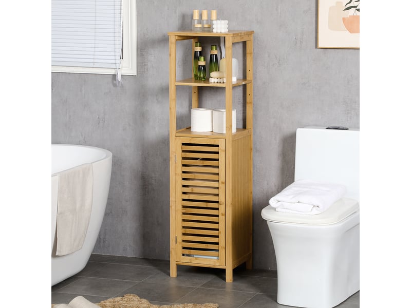 Colonne salle de bain en bambou h.120 cm - porte à lattes, 3 étagères - bambou verni - 1