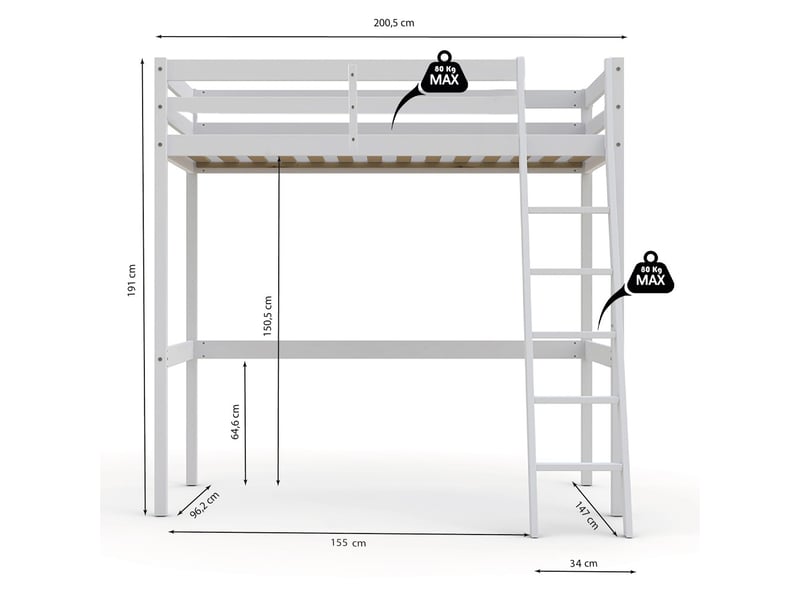 Lit mezzanine 90x190 cm LE QUAI DES AFFAIRES coloris blanc - 2