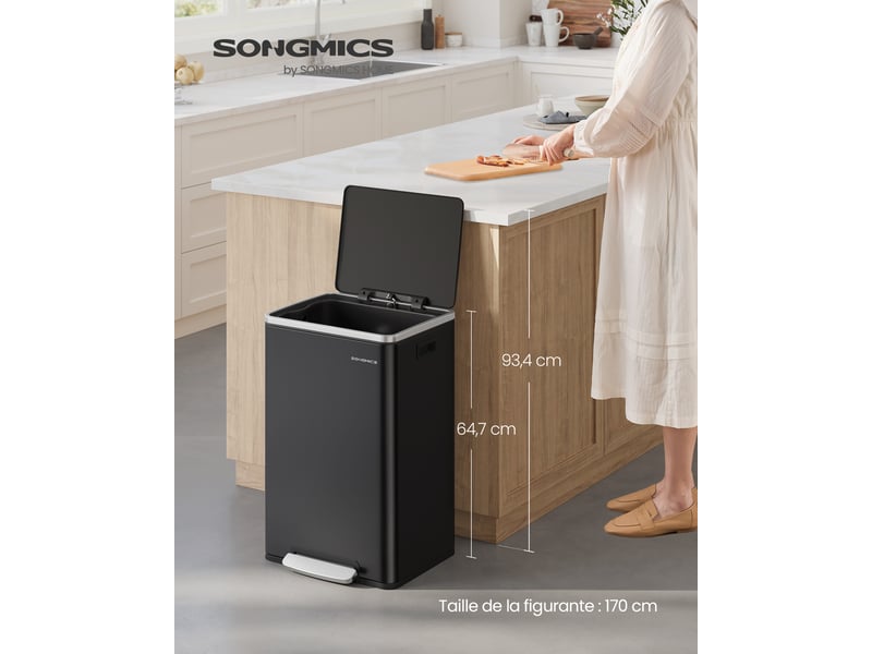 Poubelle de cuisine 50 l, avec 15 sacs poubelle, en acier, seau intérieur amovible en plastique, avec couvercle, poignées, fermeture en douceur, noir d'encre - 1