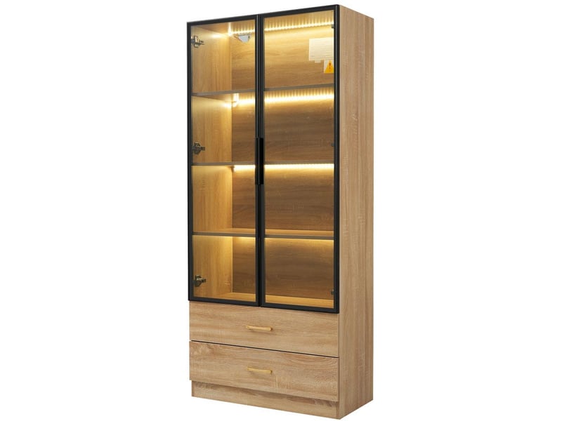 Vitrine、meuble de salle de bain avec led - 2 tiroirs et 2 portes vitrées - naturel - 2