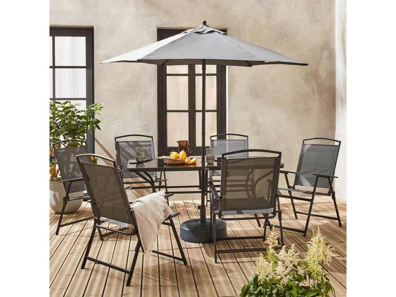 Table de jardin avec 6 fauteuils pliants gris et un parasol 2m. Anthracite. Structure acier avec revêtement anti rouille - 1