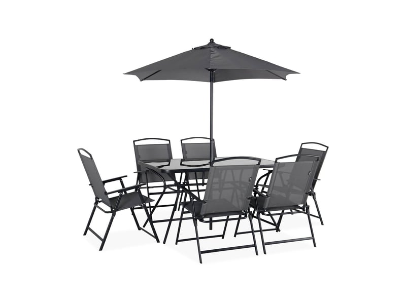 Table de jardin avec 6 fauteuils pliants gris et un parasol 2m. Anthracite. Structure acier avec revêtement anti rouille - 2