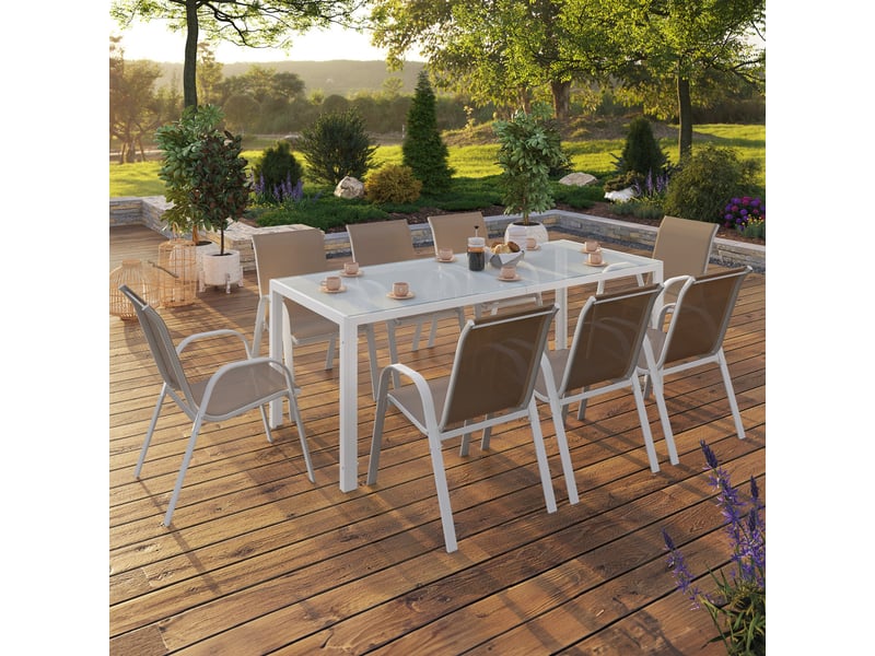 Ensemble table et chaises de jardin madrid table 190 cm et 8 chaises empilables blanc et beige taupe - 1