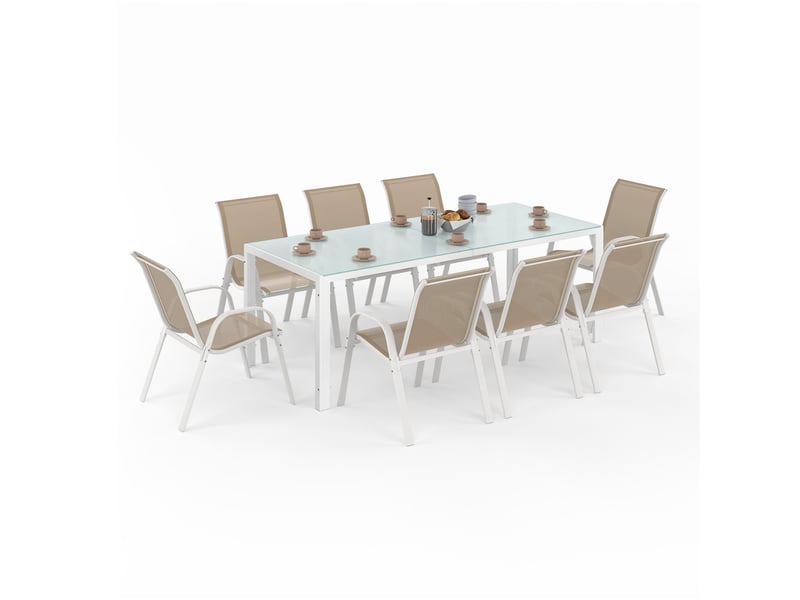 Ensemble table et chaises de jardin madrid table 190 cm et 8 chaises empilables blanc et beige taupe - 2