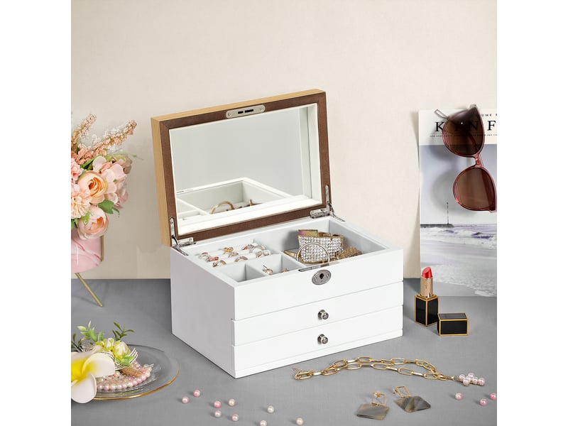Songmics boîte à bijoux à 3 niveaux en bois d'ingénierie, 24,5 x 17 x 14,5 cm, coffret à bijoux original avec tiroirs, pour bagues, boucles d’oreilles, bracelets, blanc jow15wnv1 - 2