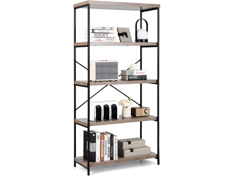 Costway bibliothèque étagère à 5 niveaux, bibliothèque industrielle en bois avec cadre en métal, dispositif anti-basculement, pour salon, bureau (gris) - 2