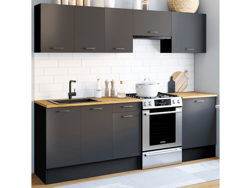 Cuisine complète 240 cm subtil avec plan de travail 7 éléments noir et plateaux bois - 1