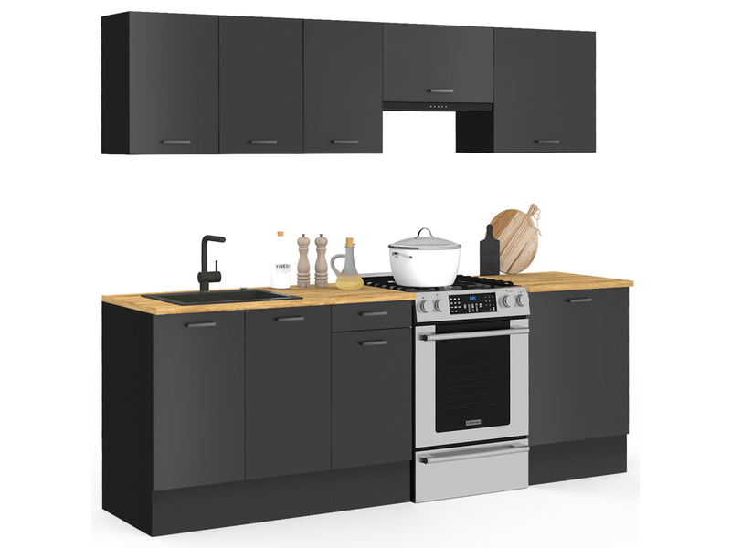 Cuisine complète 240 cm subtil avec plan de travail 7 éléments noir et plateaux bois - 2