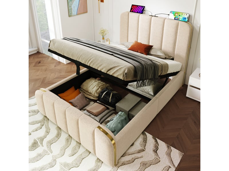 Lit coffre 90x200 cm OKWISH coloris beige - 1