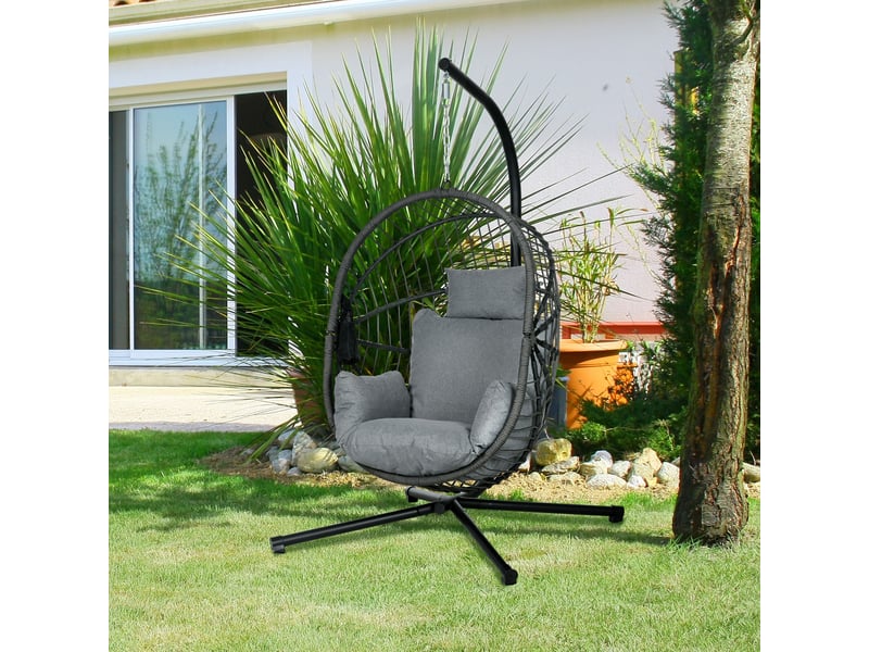 Fauteuil suspendu pliable - fauteuil de jardin suspendu avec coussin - acier noir cordage pp gris - 1