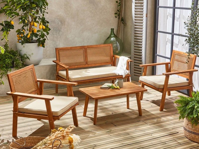 Salon de jardin. Bohémia. Cannage rond. Canapé 2 places. 2 fauteuils. 1 table basse 117x64x74 cm - 1