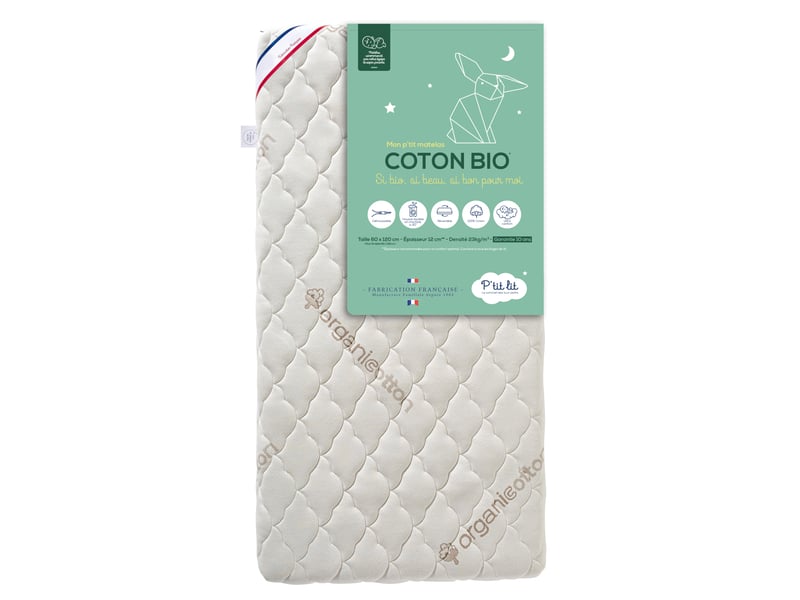 Matelas bébé coton bio - 60x120x10 cm - 100% coton - déhoussable - sans traitement chimique - fabrication française - oeko tex® - 1