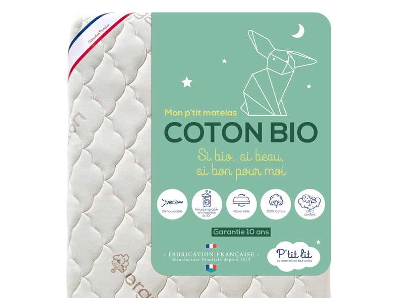 Matelas bébé coton bio - 60x120x10 cm - 100% coton - déhoussable - sans traitement chimique - fabrication française - oeko tex® - 2