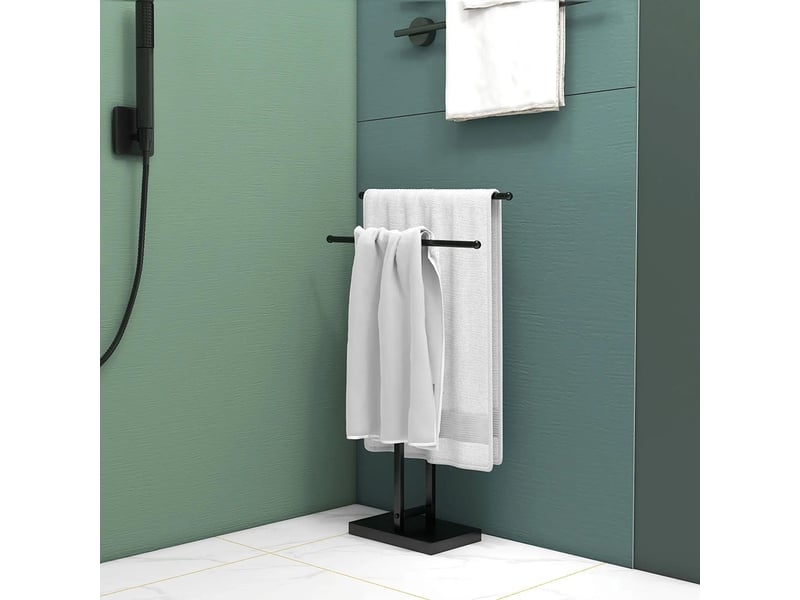 Porte-serviettes sur pied autoportant 2 niveaux en métal pour salle de bain noir - 1