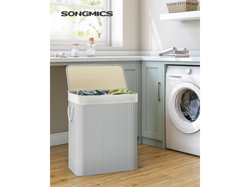 Panier à linge avec couvercle, corbeille à linge en bambou, 2 compartiments de tri, sac amovible, poignées en coton, volume 100l, pour buanderie, chambre, gris - 1