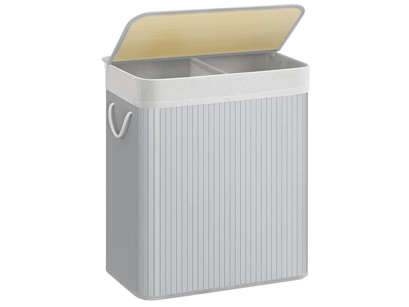 Panier à linge avec couvercle, corbeille à linge en bambou, 2 compartiments de tri, sac amovible, poignées en coton, volume 100l, pour buanderie, chambre, gris - 2
