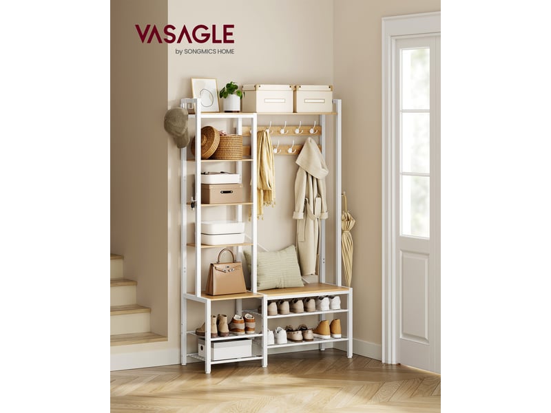 Porte-manteau, meuble d’entrée, avec porte-chaussures, 5 étagères de rangement, 9 patères et 6 crochets latéraux, 40 x 120 x 190 cm, doré chêne et blanc nuage - 1