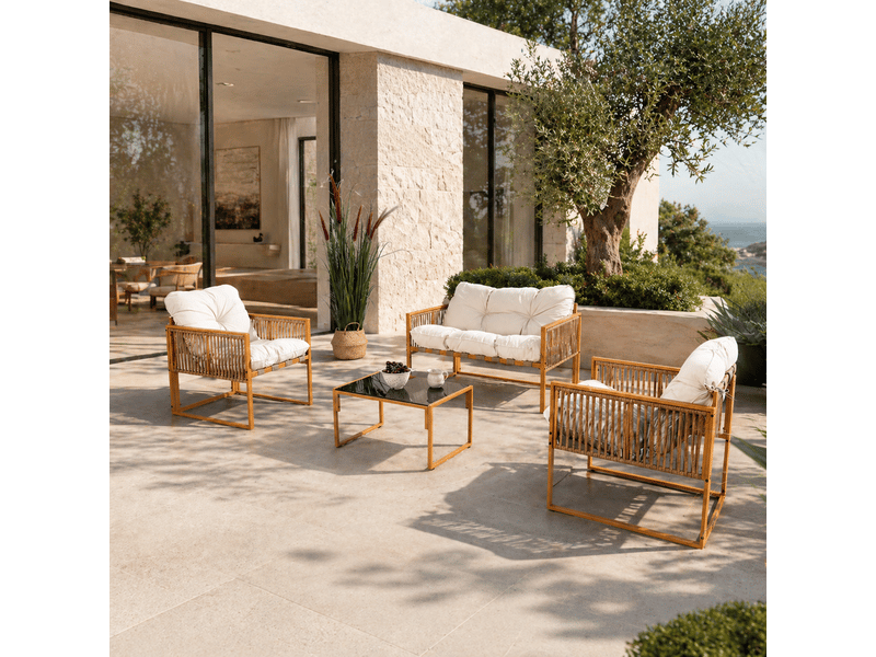 Salon de jardin 4 places effet rotin coussins blancs turini - 1