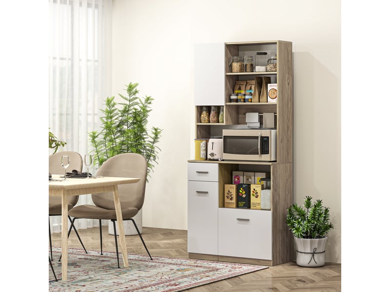 Buffet haut de cuisine - 3 portes, 2 étagères, 4 niches, tiroir, grand plateau - blanc effet bois - 1