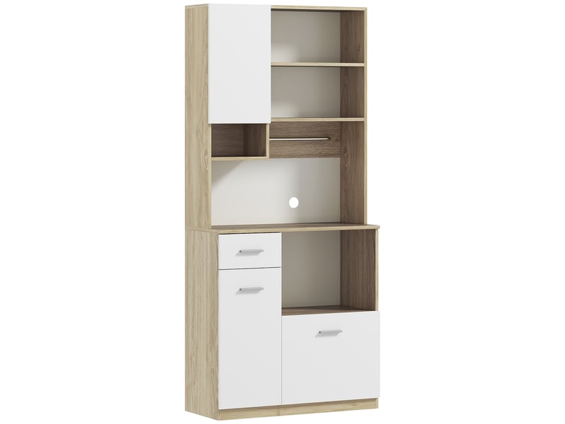 Buffet haut de cuisine - 3 portes, 2 étagères, 4 niches, tiroir, grand plateau - blanc effet bois - 2