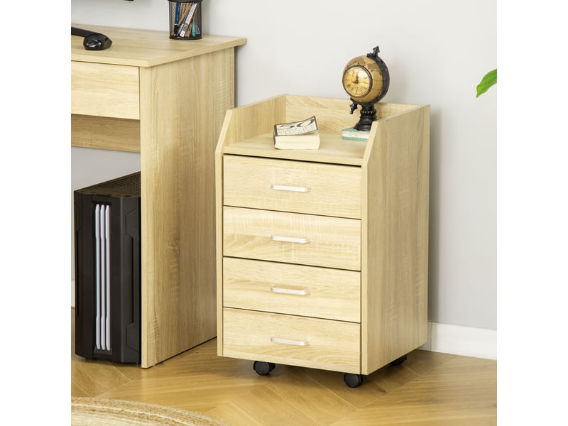 Caisson de bureau mobile 4 tiroirs coulissants plateau à rebord aspect chêne clair - 1