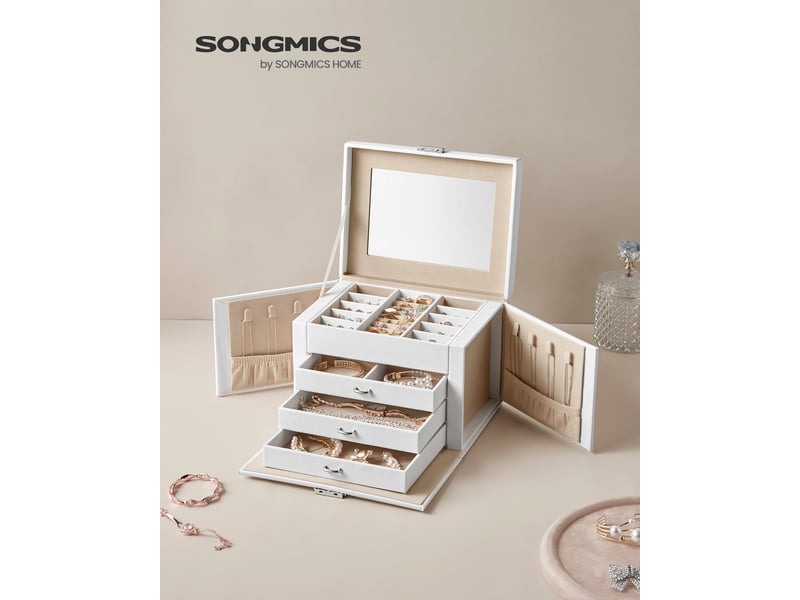 Boîte à bijoux 4 niveaux, écrin à accessoires, coffre de rangement, avec poignées, 3 tiroirs, miroir, serrure, rangement pour bijoux pour voyages, moderne, blanc classique - 1