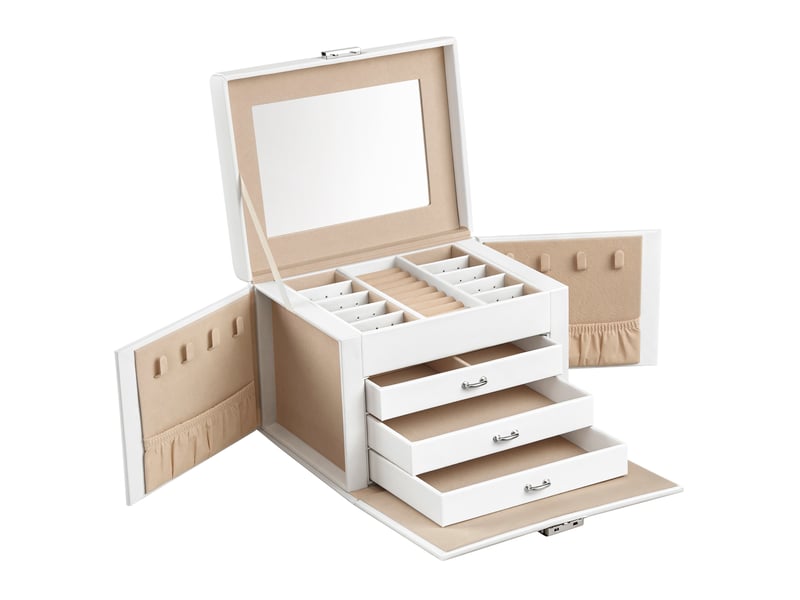 Boîte à bijoux 4 niveaux, écrin à accessoires, coffre de rangement, avec poignées, 3 tiroirs, miroir, serrure, rangement pour bijoux pour voyages, moderne, blanc classique - 2
