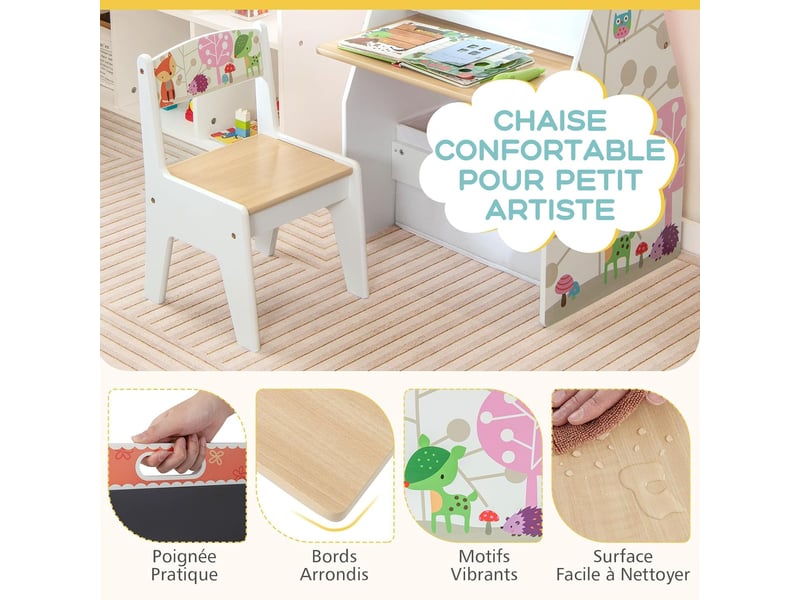4 en 1 tableau enfants avec chaise, table enfant avec bibliothèque avec tableau magnétique double face blanc noir,bac de rangement, table d'art avec rangement pour chambres d'enfant(blanc) - 1