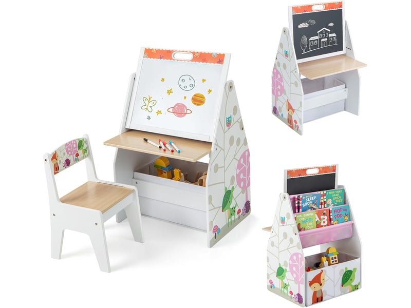 4 en 1 tableau enfants avec chaise, table enfant avec bibliothèque avec tableau magnétique double face blanc noir,bac de rangement, table d'art avec rangement pour chambres d'enfant(blanc) - 2