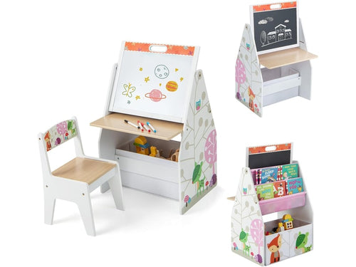 4 en 1 tableau enfants avec chaise, table enfant avec bibliothèque avec tableau magnétique double face blanc noir,bac de rangement, table d'art avec rangement pour chambres d'enfant(blanc) - 2