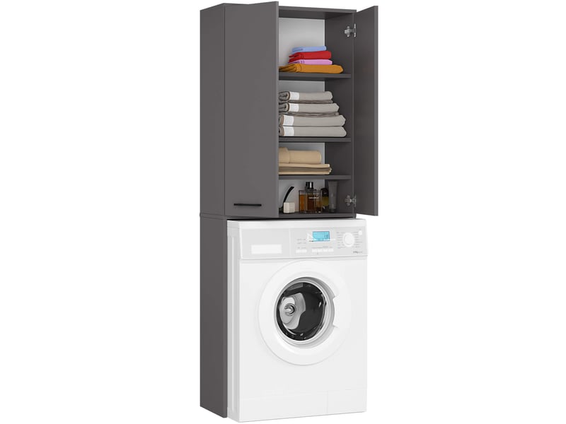 Meuble pour machine à laver fin gris graphite 64 cm 2 portes façade gris graphite 4 étagères 64x30x180 cm - 1
