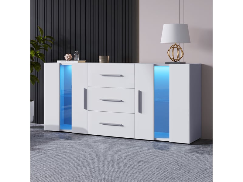 Meuble tv coloris blanc 140 cm NECHE Façade Mat, avec Lumières - 1