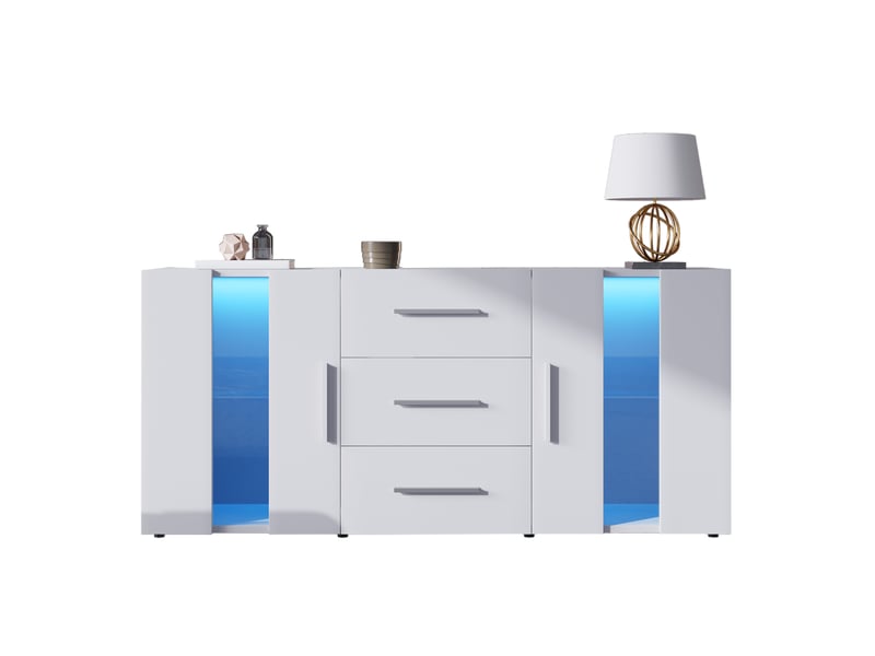 Meuble tv coloris blanc 140 cm NECHE Façade Mat, avec Lumières - 2