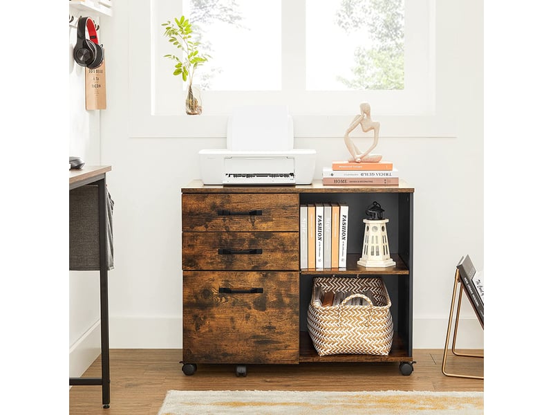 Vasagle caisson 3 tiroirs, meuble rangement bureau avec compartiments ouverts, pour format a4, documents, support d'imprimante, style industriel, marron rustique et noir ofc041b01 - 1