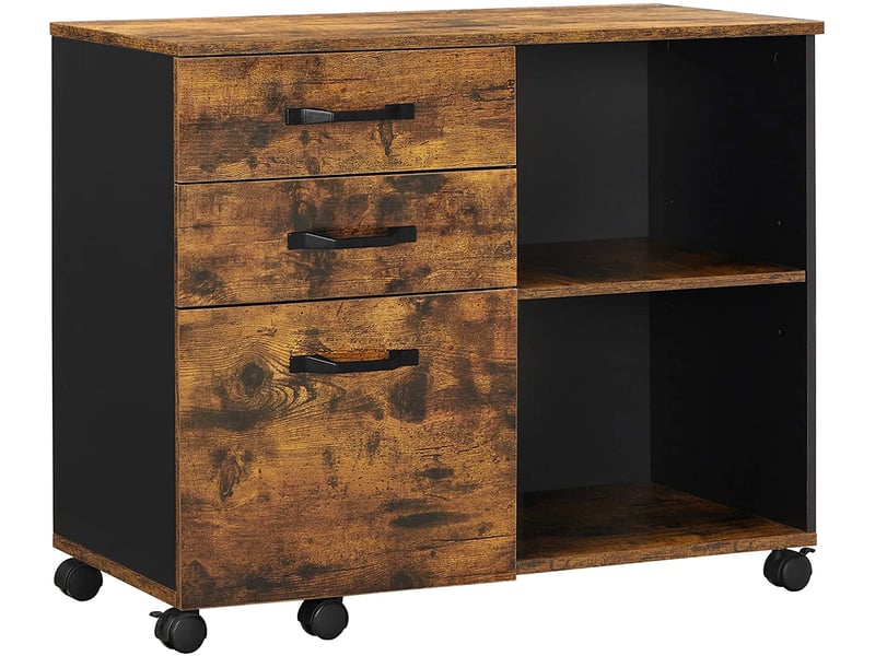 Vasagle caisson 3 tiroirs, meuble rangement bureau avec compartiments ouverts, pour format a4, documents, support d'imprimante, style industriel, marron rustique et noir ofc041b01 - 2