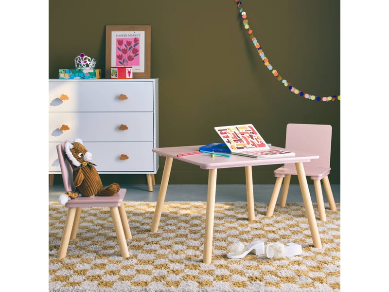 Table carrée enfant avec 2 chaises. Pieds en pin. Rose - 1
