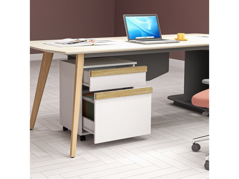 Caisson de bureau rangement bureau sur roulettes tiroir coulissant et tiroir dossiers suspendus blanc aspect chêne clair - 1