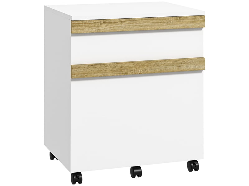 Caisson de bureau rangement bureau sur roulettes tiroir coulissant et tiroir dossiers suspendus blanc aspect chêne clair - 2