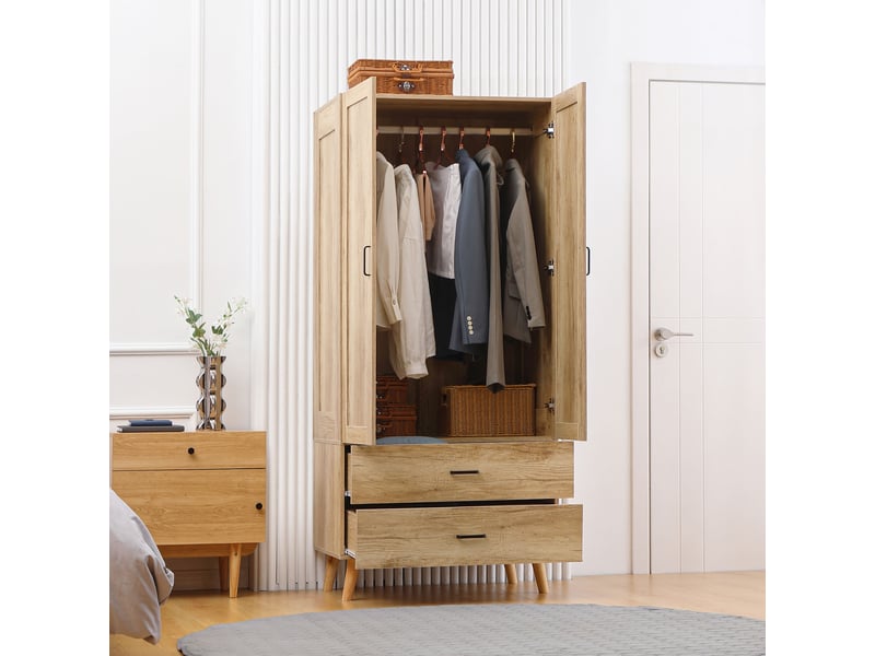 Armoire de rangement design scandinave - armoire de chambre - placard 2 portes avec penderie - 2 tiroirs - aspect chêne clair - 1