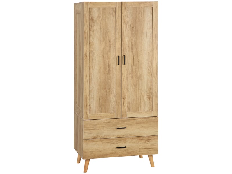 Armoire de rangement design scandinave - armoire de chambre - placard 2 portes avec penderie - 2 tiroirs - aspect chêne clair - 2