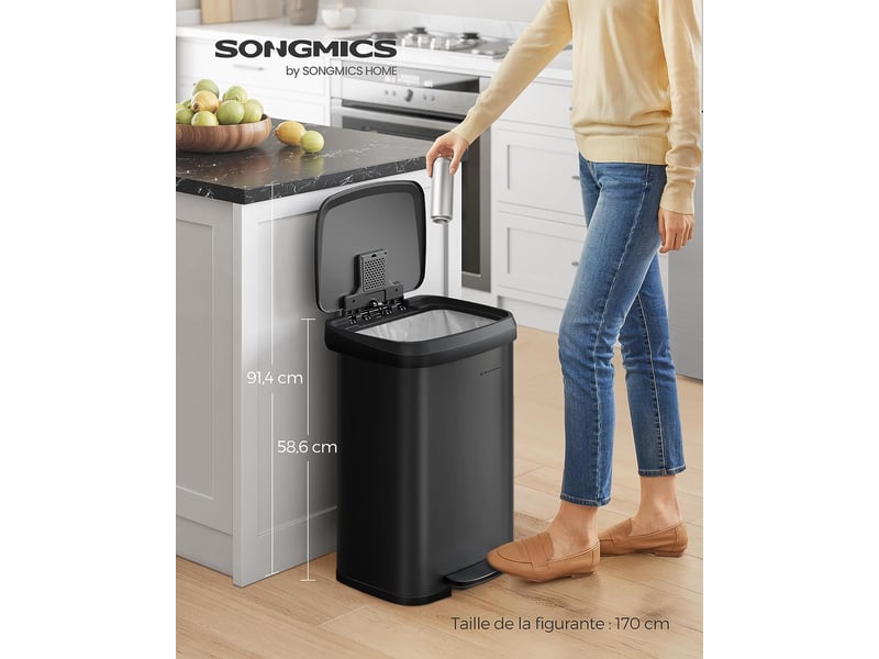 Songmics poubelle de cuisine, 50l, poubelle à pédale en métal avec couvercle, grande et haute, noir - 1