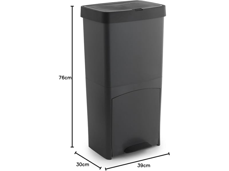 Poubelle de tri sélectif à pédale, poubelle de recyclage – 3 compartiments coloris noir, 70 L - Longueur 39 x Profondeur 30 x Hauteur 76 cm - 1